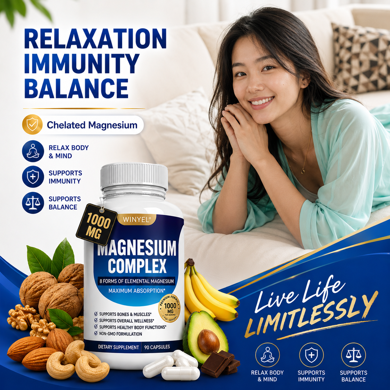 MAGNESIUM COMPLEX Wellness Capsules with Malate & Glycinate and 8 ELEMENTAL MAGNESIUM, Supports Health 90 Capsules, Dietary Supplement.