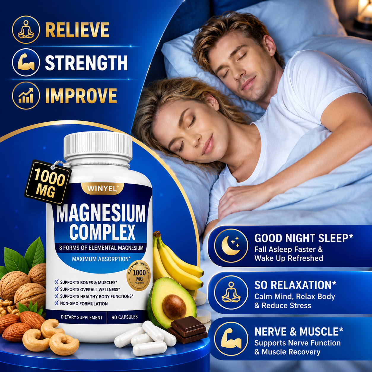 MAGNESIUM COMPLEX Wellness Capsules with Malate & Glycinate and 8 ELEMENTAL MAGNESIUM, Supports Health 90 Capsules, Dietary Supplement.