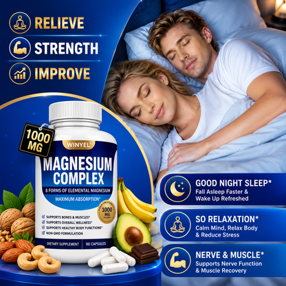 MAGNESIUM COMPLEX Wellness Capsules with Malate & Glycinate and 8 ELEMENTAL MAGNESIUM, Supports Health 90 Capsules, Dietary Supplement.