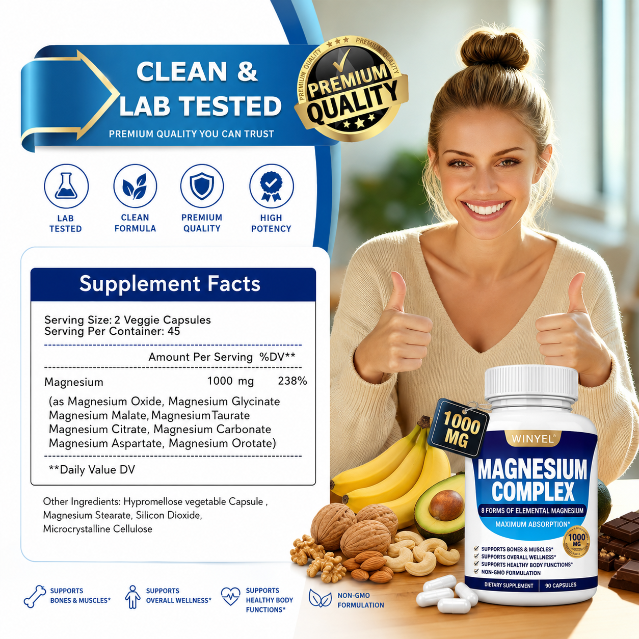MAGNESIUM COMPLEX Wellness Capsules with Malate & Glycinate and 8 ELEMENTAL MAGNESIUM, Supports Health 90 Capsules, Dietary Supplement.