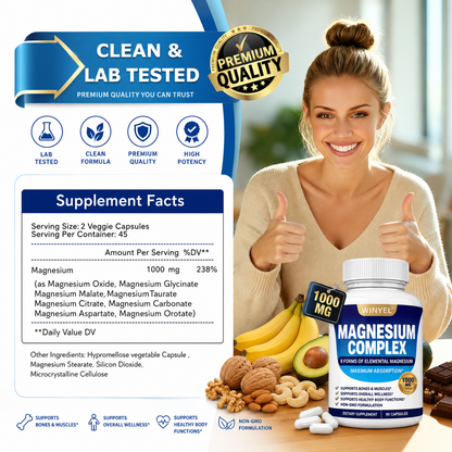 MAGNESIUM COMPLEX Wellness Capsules with Malate & Glycinate and 8 ELEMENTAL MAGNESIUM, Supports Health 90 Capsules, Dietary Supplement.