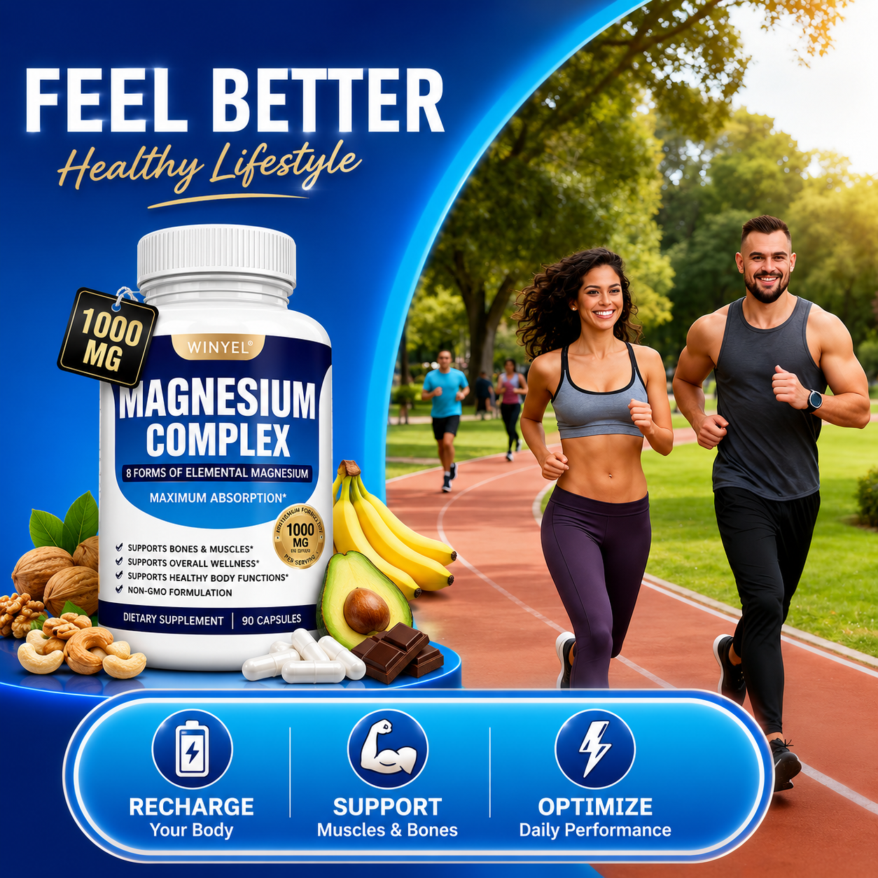 MAGNESIUM COMPLEX Wellness Capsules with Malate & Glycinate and 8 ELEMENTAL MAGNESIUM, Supports Health 90 Capsules, Dietary Supplement.