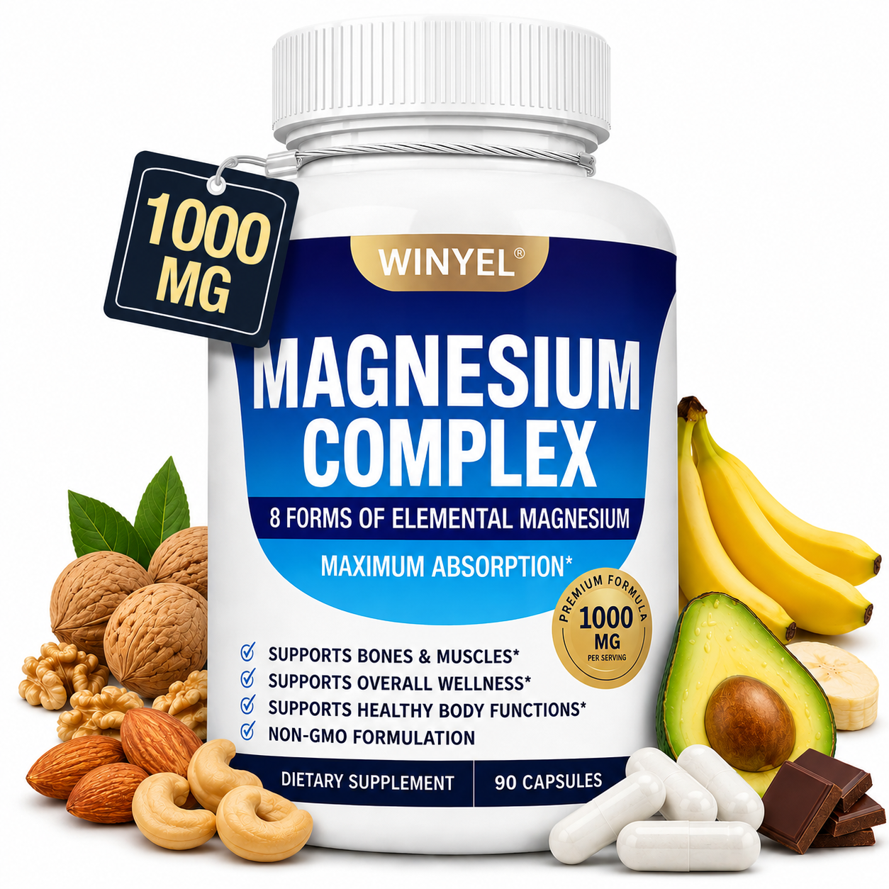 MAGNESIUM COMPLEX Wellness Capsules with Malate & Glycinate and 8 ELEMENTAL MAGNESIUM, Supports Health 90 Capsules, Dietary Supplement.